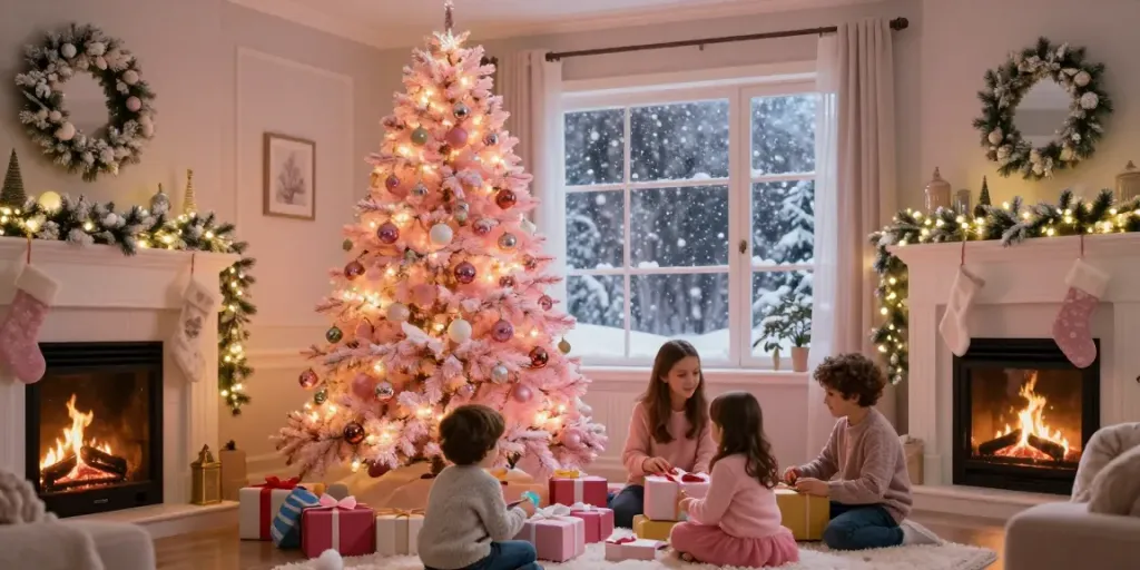 Warmly lit living room with a pink pre-lit Christmas tree, family unwrapping gifts
