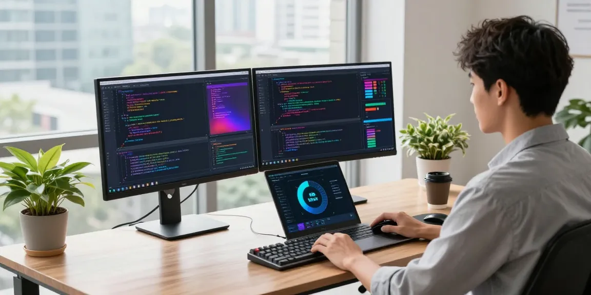 快连 VPN interface displayed on a modern workstation with dual monitors, showcasing a vibrant coding environment.