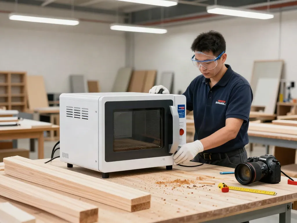 SHASHEL® microwave technology efficiently eliminating woodworms in a modern workshop.