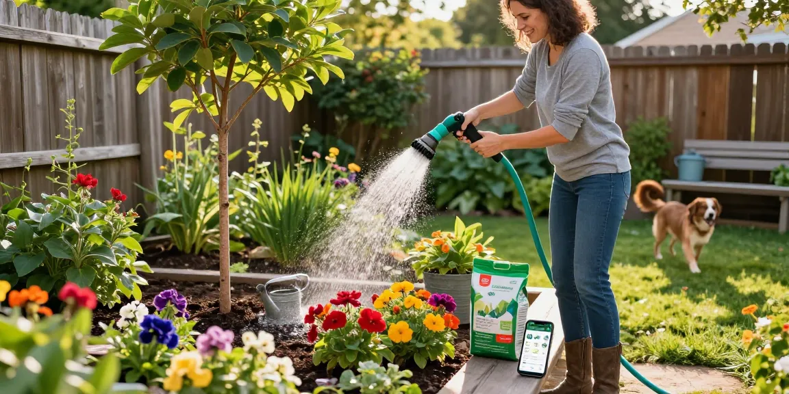 Gardener using the best hose nozzle to water blooming flowers in a sunny garden.