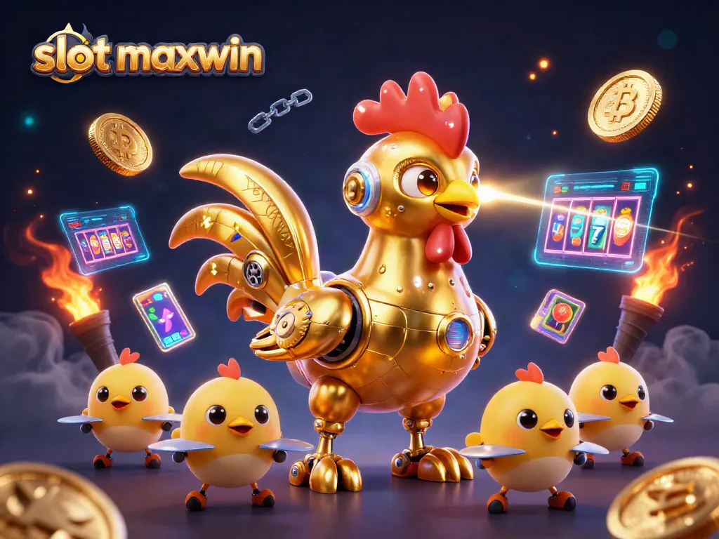 Experience the thrill of slot maxwin with the dynamic golden rooster robot leading baby chick drones in an exciting casino scene.