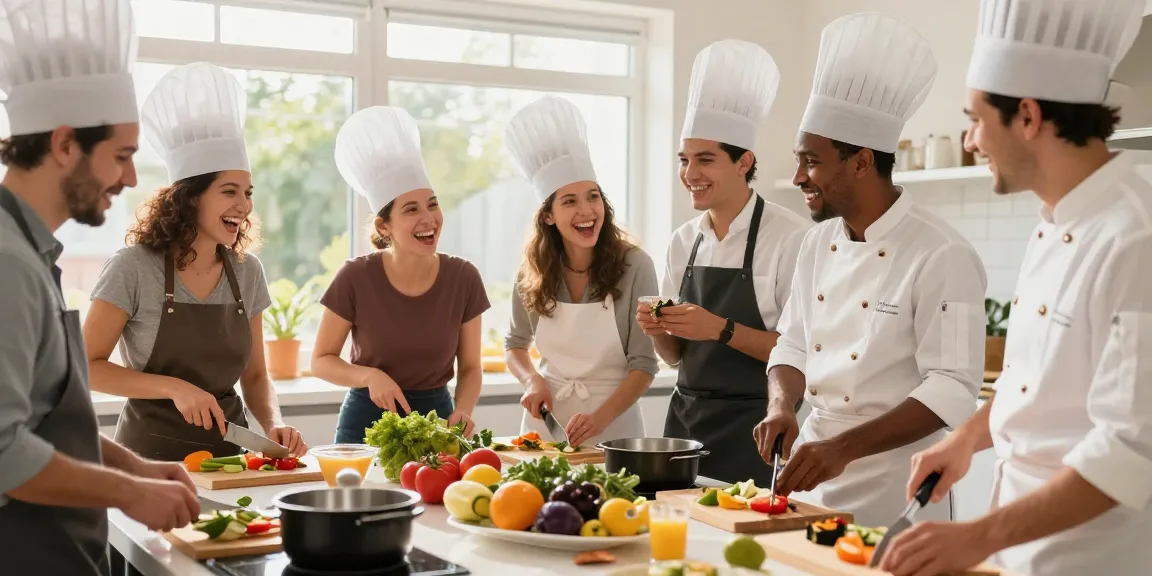 Studierende genießen Französischkurse in Frankreich durch einen Kochkurs in einer sonnigen Küche, der kulturelle Immersion zeigt.