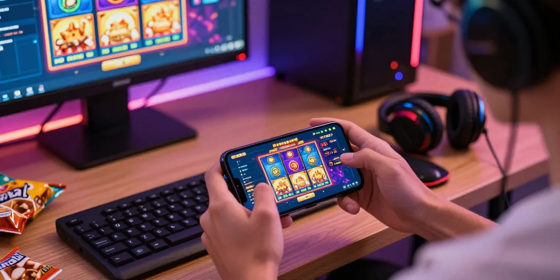 Exciting gaming moment with smartphone showing deposit pulsa tanpa potongan slot game.