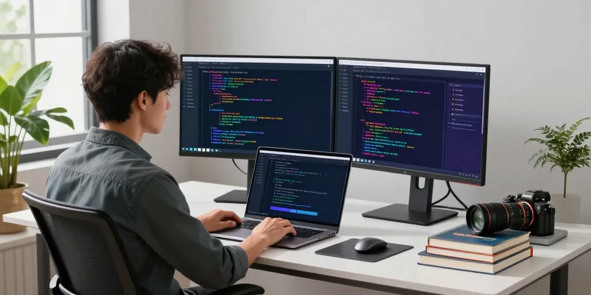 快连 software developer engaged in coding while using dual monitors in a modern workspace