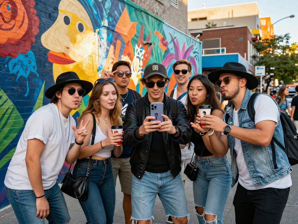 Group of friends discovering which celebrity they look like using an app in a vibrant urban setting.