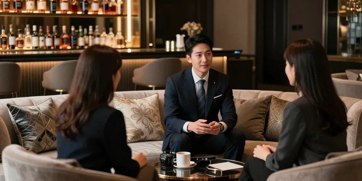 강남블랜딩의 고급스러운 내부와 매니저가 고객을 응대하는 모습