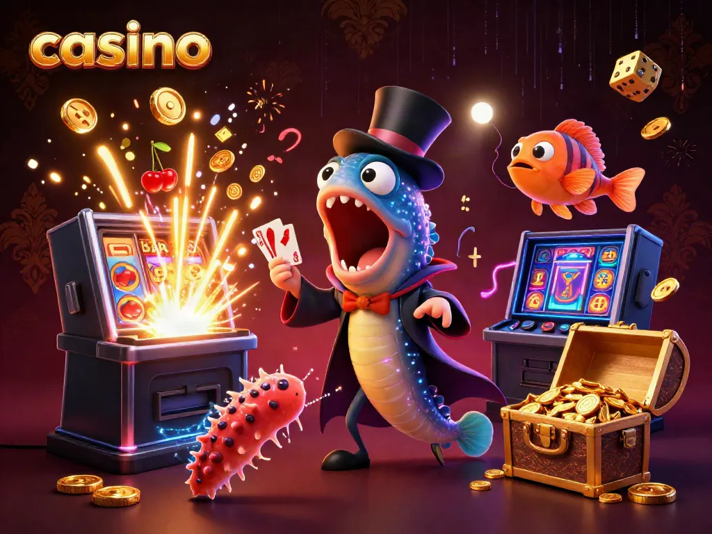 Engaging casino scene with bioluminescent eel performing magic tricks, colorful slot elements exploding around.