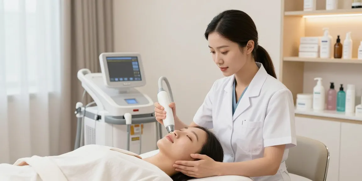 現代的な医療クリニックで、専門の施術者と患者が医療脱毛+クリニックについて相談している様子。