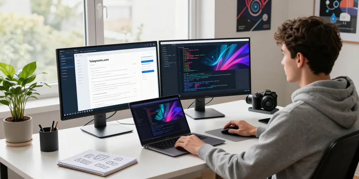 Developer at telegraimin.com workspace with dual monitors displaying code and app interface in a bright, inspiring atmosphere.