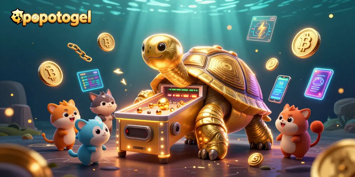 Experience thrilling gaming with popotogel's golden tortoise pinball machine surrounded by crypto elements.