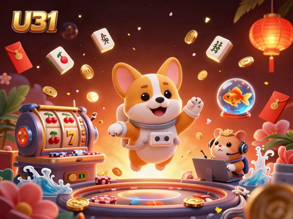 U31 platform celebrates gaming excitement as a corgi astronaut and friends float in a vibrant casino