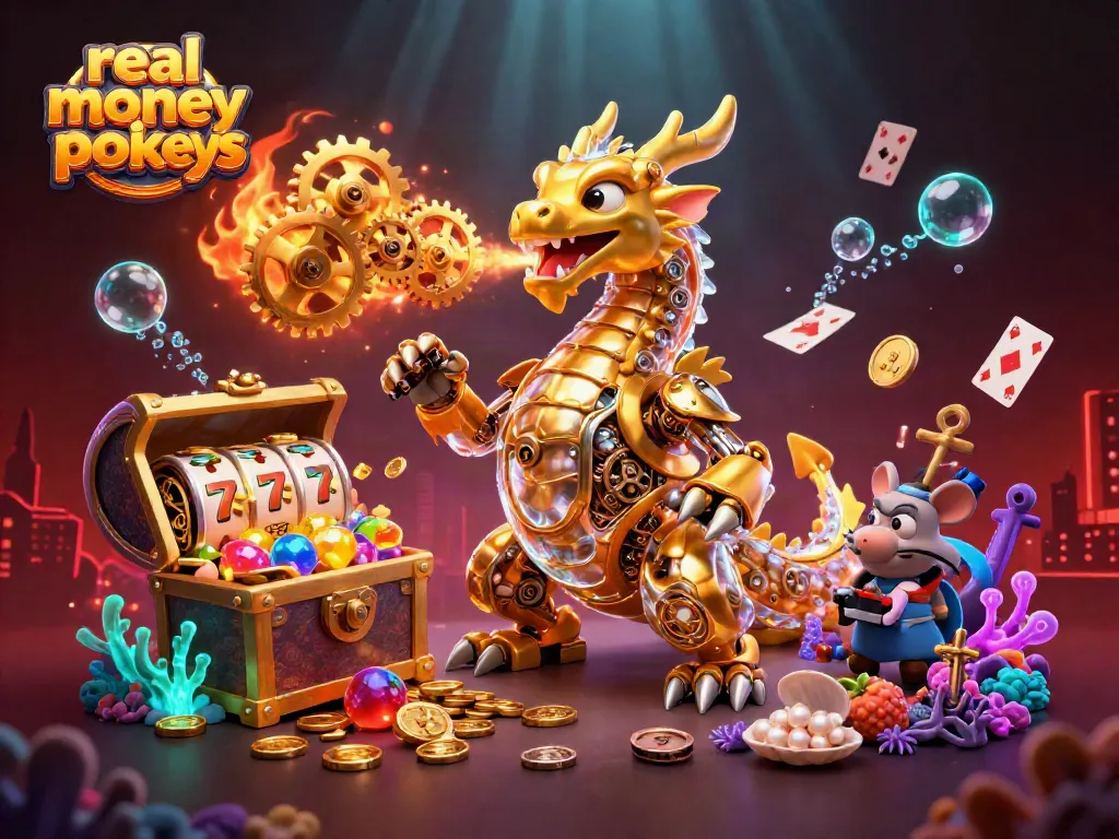 Experience real money pokies action with a golden dragon and colorful gems in a vibrant casino scene.