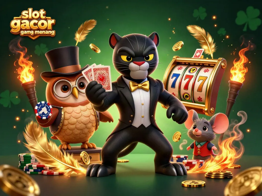 Slot gacor gampang menang menampilkan panther mengenakan tuxedo dan burung hantu dengan chip poker, suasana kasino yang meriah.