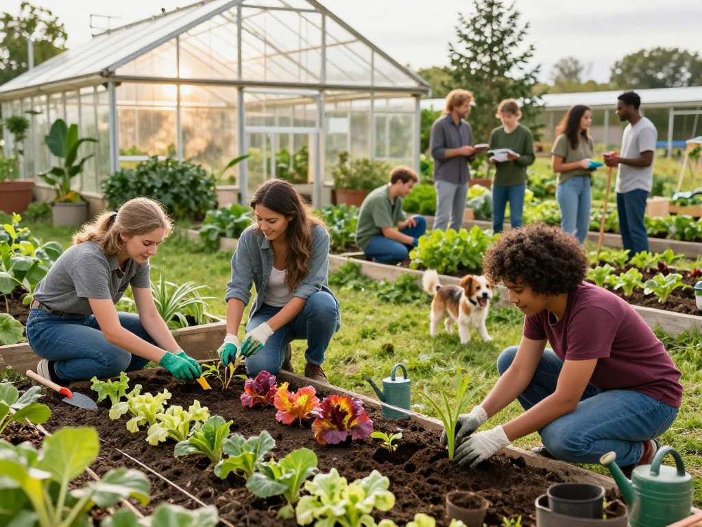 Community gardeners collaborating at https://koperasisantun.com/, planting seedlings and discussing sustainable practices.