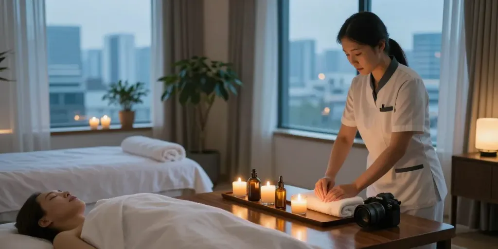 서울출장마안마 services set in a luxurious hotel room with calming atmosphere and professional therapist preparing for massage.