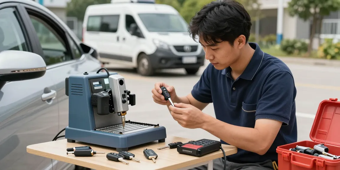 Autosleutel bijmaken by professional locksmith in outdoor automotive service scene with key duplication tools.