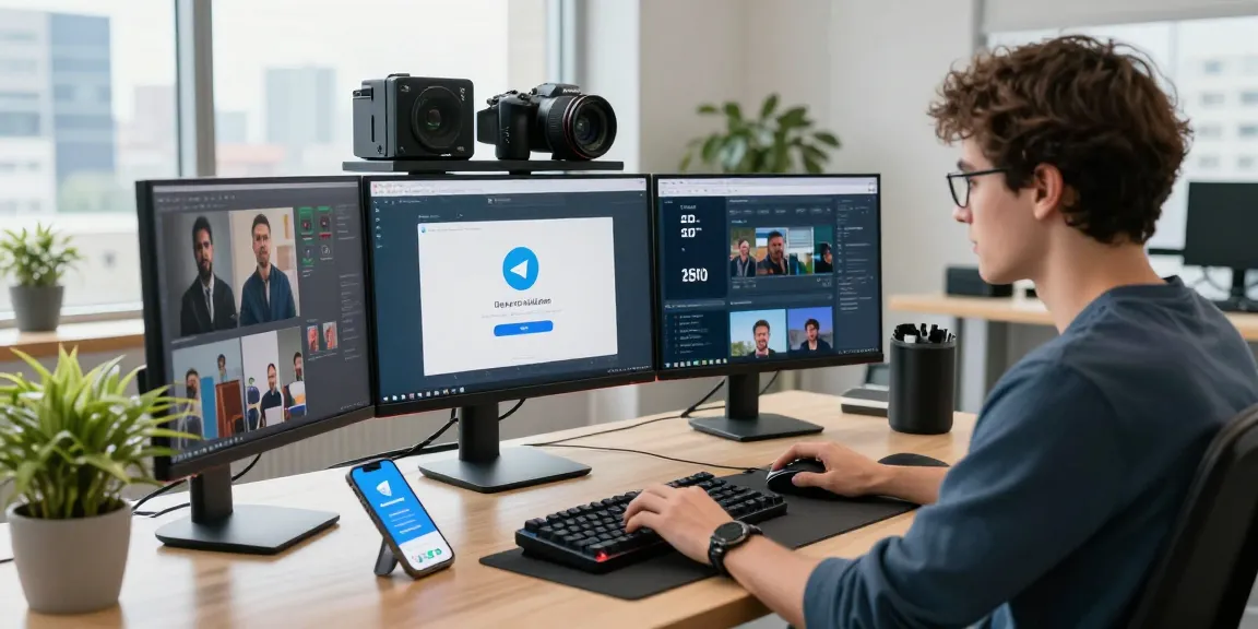 Authentic tech workspace featuring a person logging into telegram login china amidst gadgets and city view.