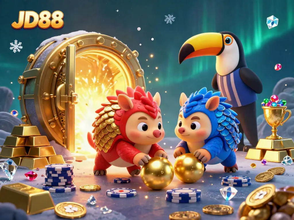 Experience thrilling JD88 gaming with 3D pangolins and golden treasure in action-packed casino scene.