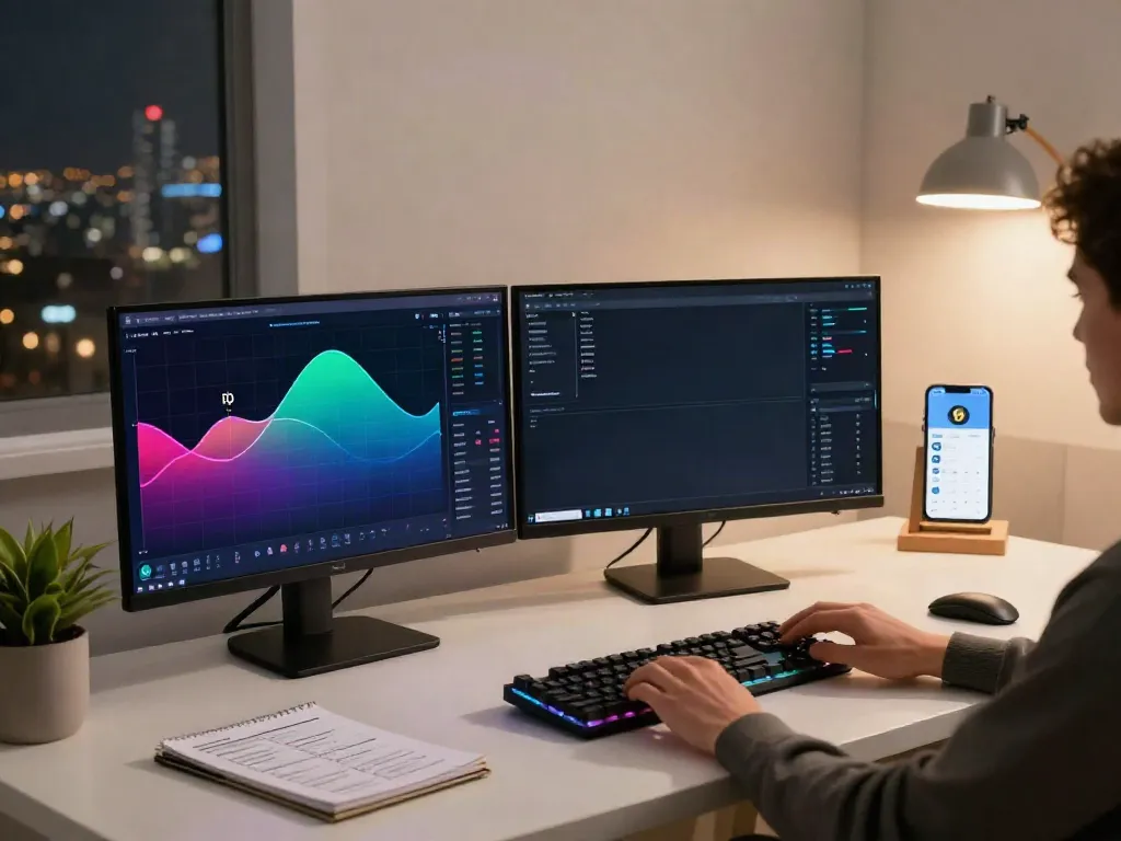 Real-time cryptocurrency API monitoring setup with Bitcoin and Ethereum data, showcasing innovative trading tools and security elements.