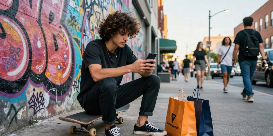 Buy fullz easily in a vibrant urban setting with a stylish shopper browsing online marketplace.