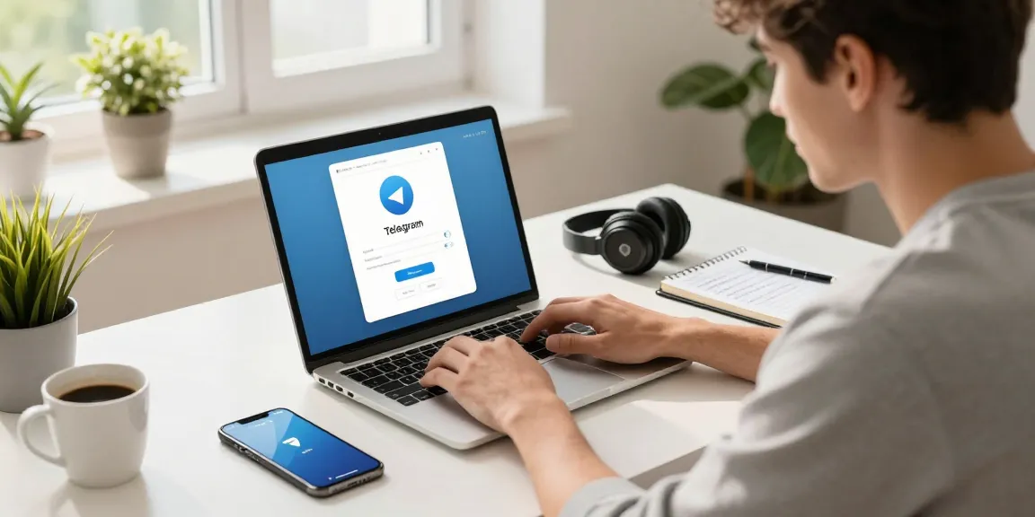 User successfully accessing telegram login china in a modern home office with VPN setup and tech tools.