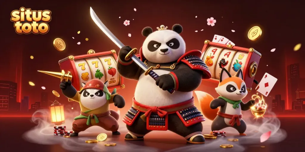 Engaging scene with samurai panda and ninja fox promoting situs toto featuring dynamic casino elements.