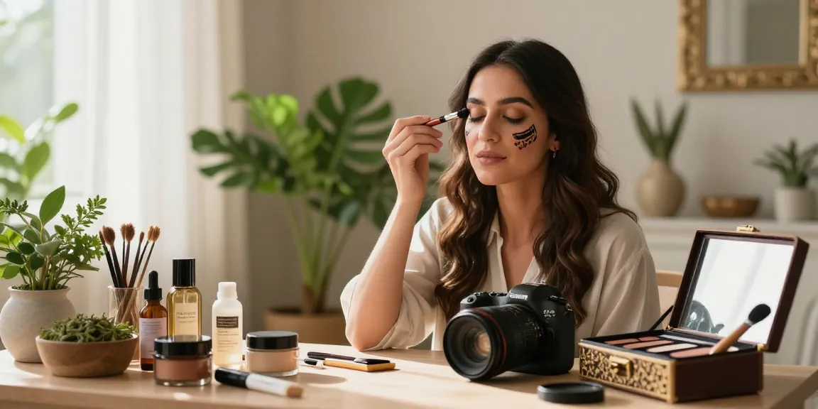 Applying كحل عربي in a serene beauty setting with natural elements.