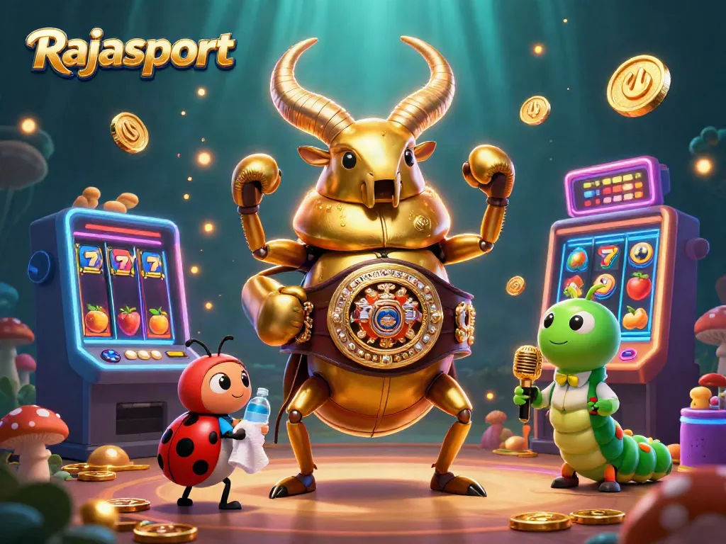 Rajasport menampilkan promosi permainan slot dengan karakter unik dan elemen kasino yang menonjol.