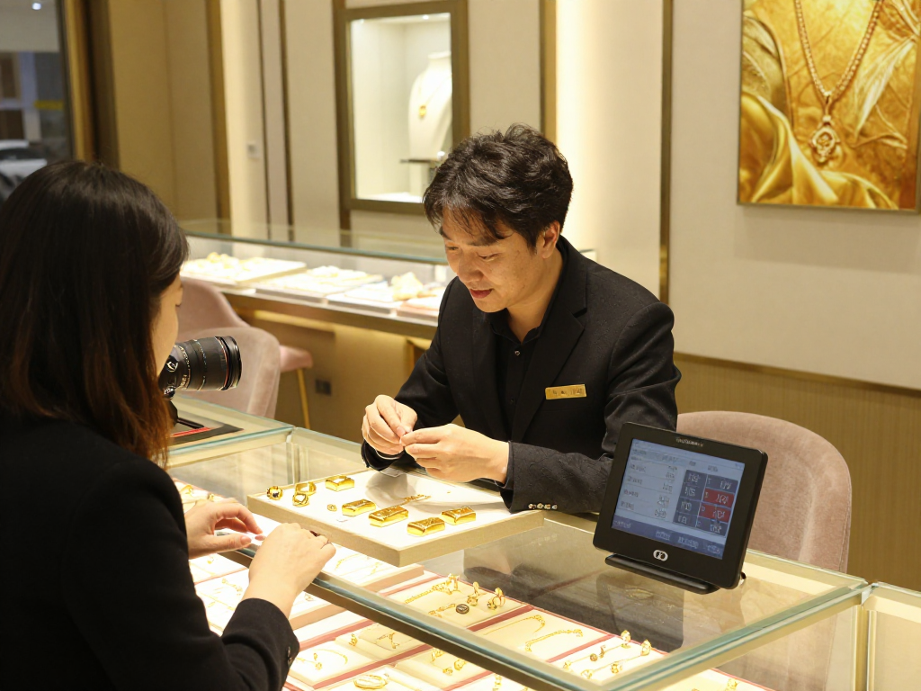 Gold buying consultation at https://bahraingoldprices.com/ with 24K jewelry on display, showcasing trust and professionalism.