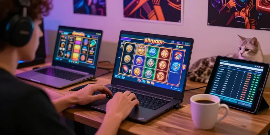 Player enjoying slot gacor games on a laptop with vibrant graphics.