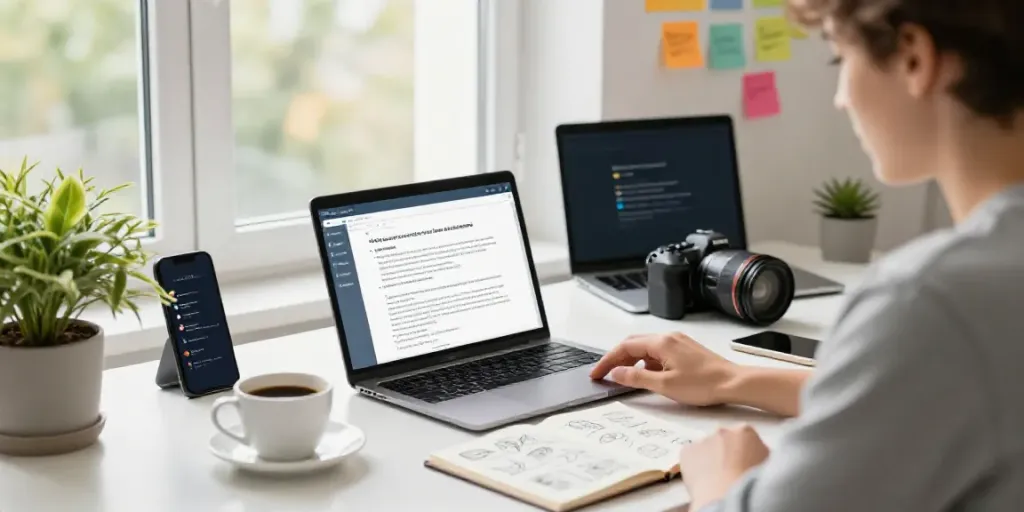 Using an AI content generator in Ukrainian in a bright modern workspace with creative tools.