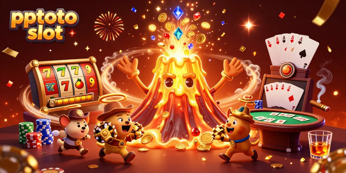PPTOTO slot features a triumphant golden volcano erupting coins, along with lucky 7s and slot reels.