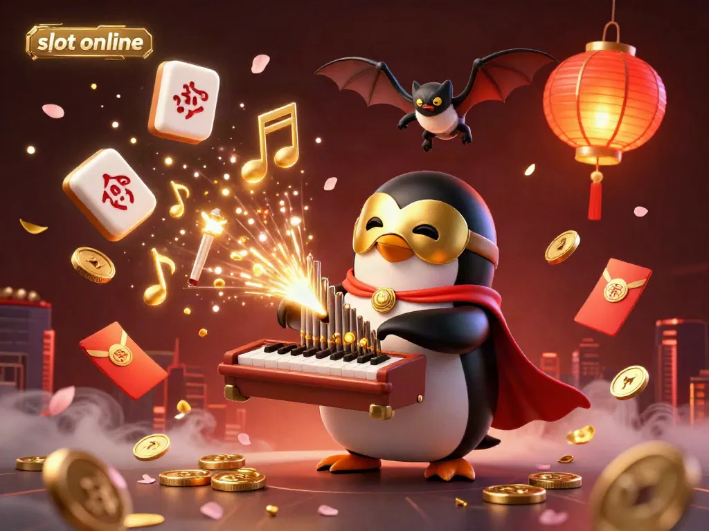 Engage with the thrill of slot online as a penguin plays a golden pipe organ amidst golden coins and festive lanterns.