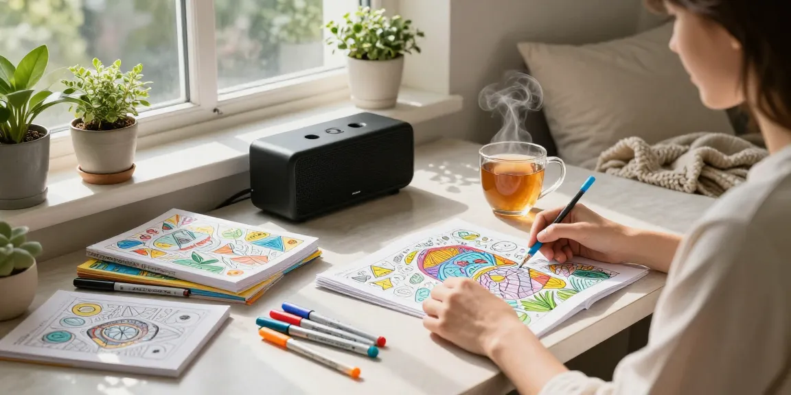Coloring for stress relief activity with vibrant markers and soothing tea in a cozy home.