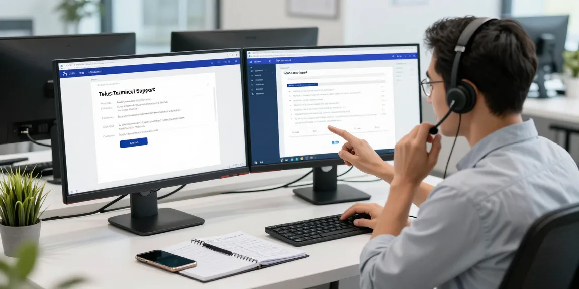 Customer interaction capturing Telus-Technical-Support atmosphere in a modern tech workspace.
