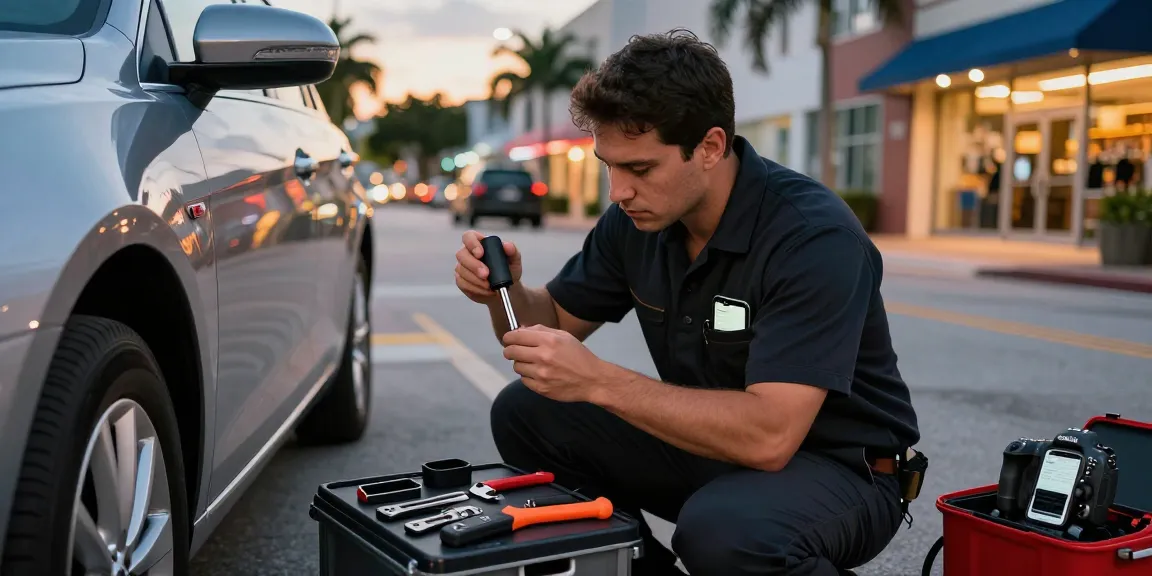 Mobile locksmith Fort Lauderdale expert working on a car lock in a bustling urban setting.