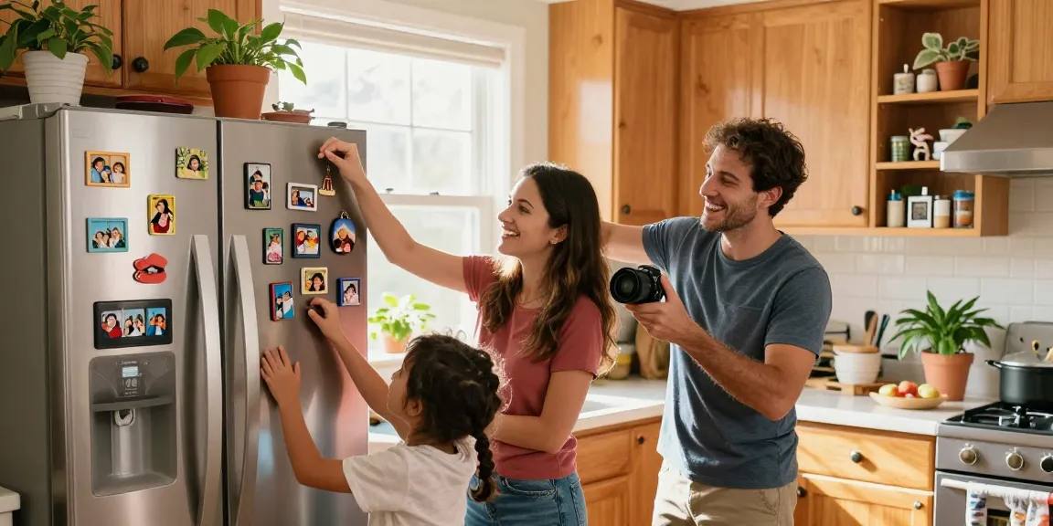 Fridge magnets showcasing cherished memories on a colorful kitchen fridge with a happy family designing new ones together.