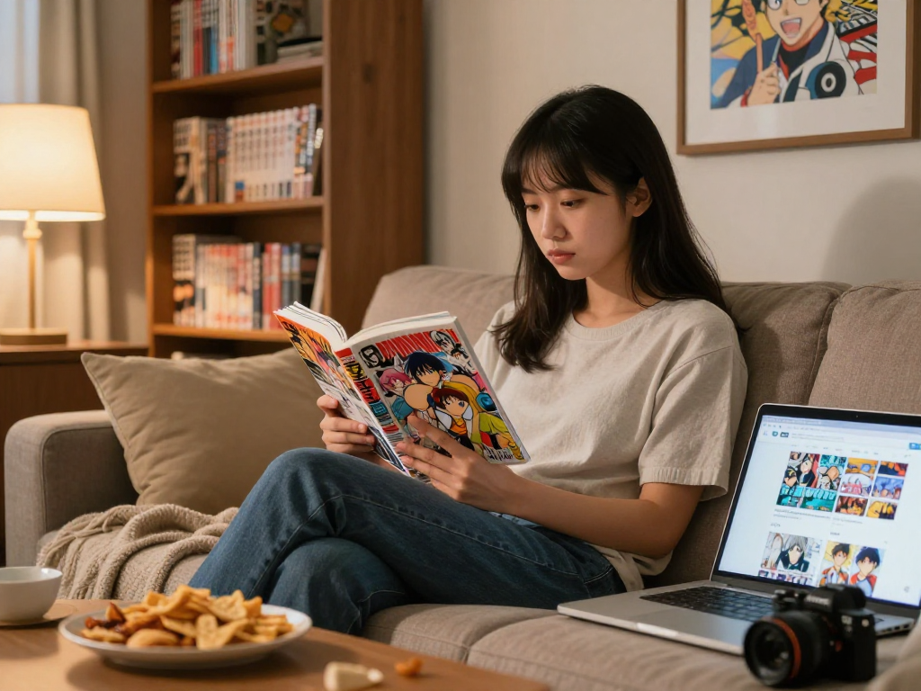 Enjoy immersive manga experience at https://hitomi-mangaraw01.com/ in a cozy living room atmosphere with colorful illustrations.