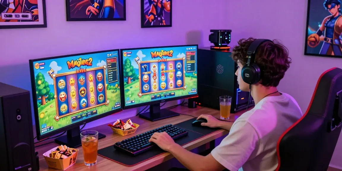 Engaging scene of a gamer playing Mahjong Ways 2 with multiple screens and vibrant graphics