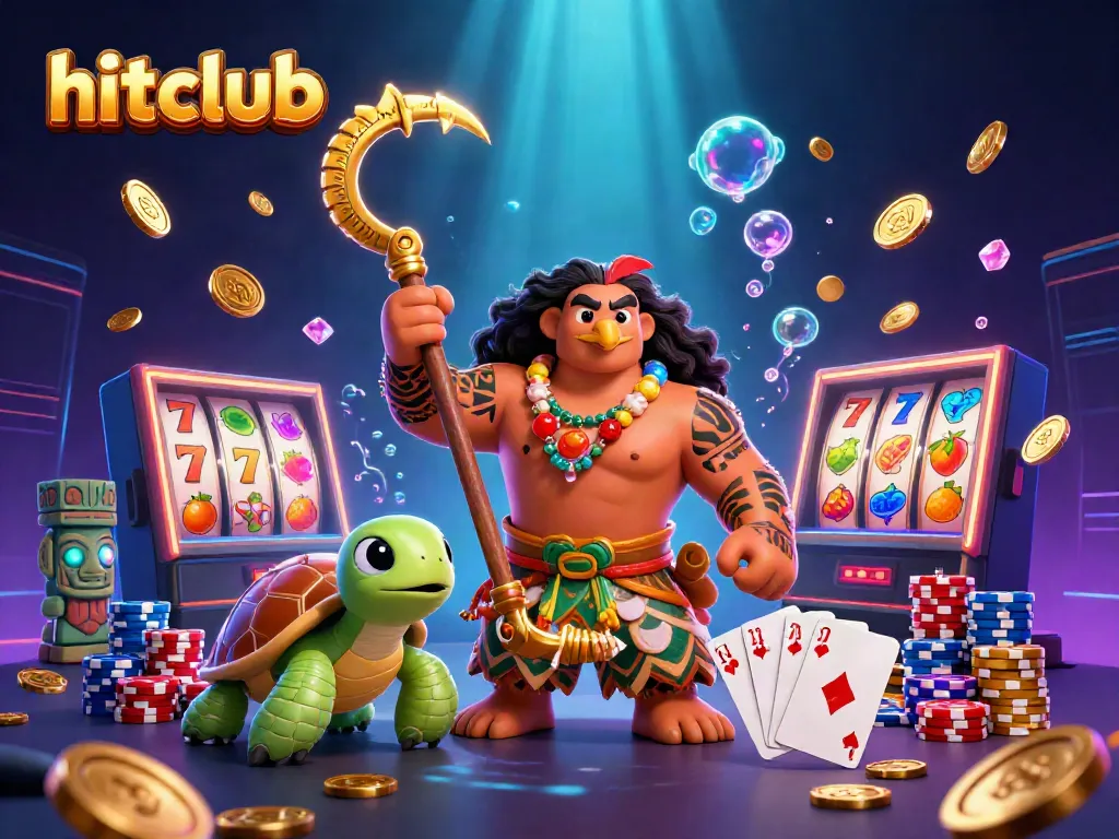 Experience the thrill of hitclub with vibrant 3D slot machines, golden coins, and a Polynesian demigod.