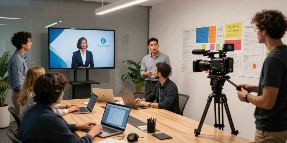 Capture of a professional corporate video production scene showcasing teamwork in action, focusing on Corporate Video Production.