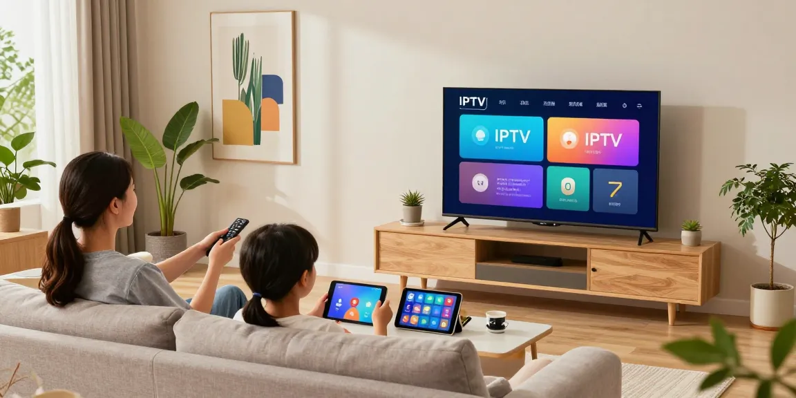 Expérience IPTV en famille, abonnement IPTV sur TV intelligente, soirée conviviale.