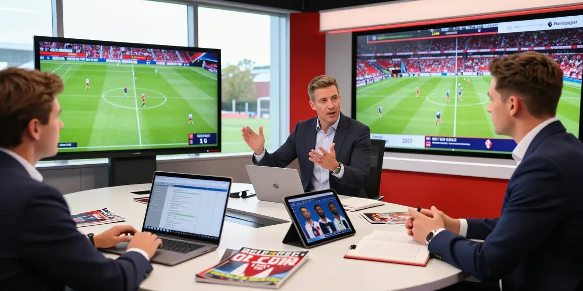 Sports analysts discussing bk8 Premier League updates in a dynamic studio.