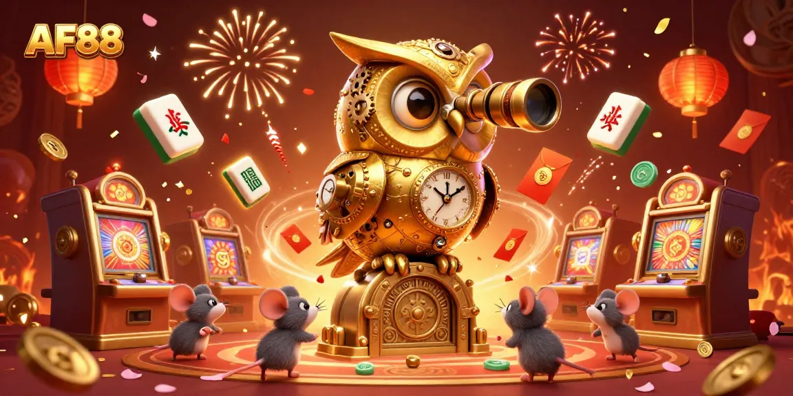 Experience thrilling gameplay at AF88 with a vibrant casino scene featuring a golden owl and festive elements.