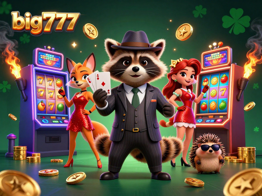 Experience the thrill of big777 slots with raccoon, fox, and hedgehog characters amidst vibrant casino elements.