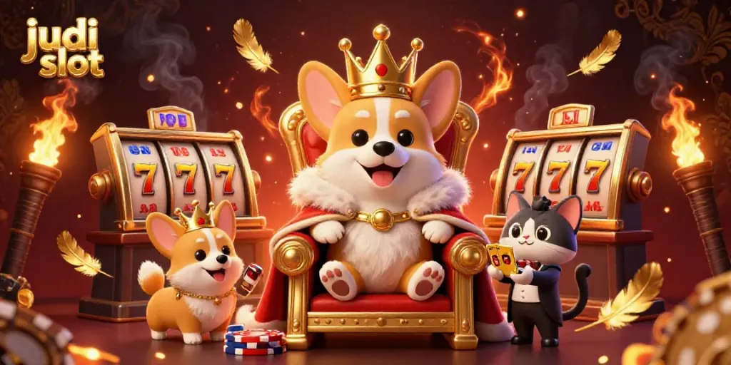Permainan judi slot menarik dengan corgi kerajaan dan butler menyajikan kartu emas.