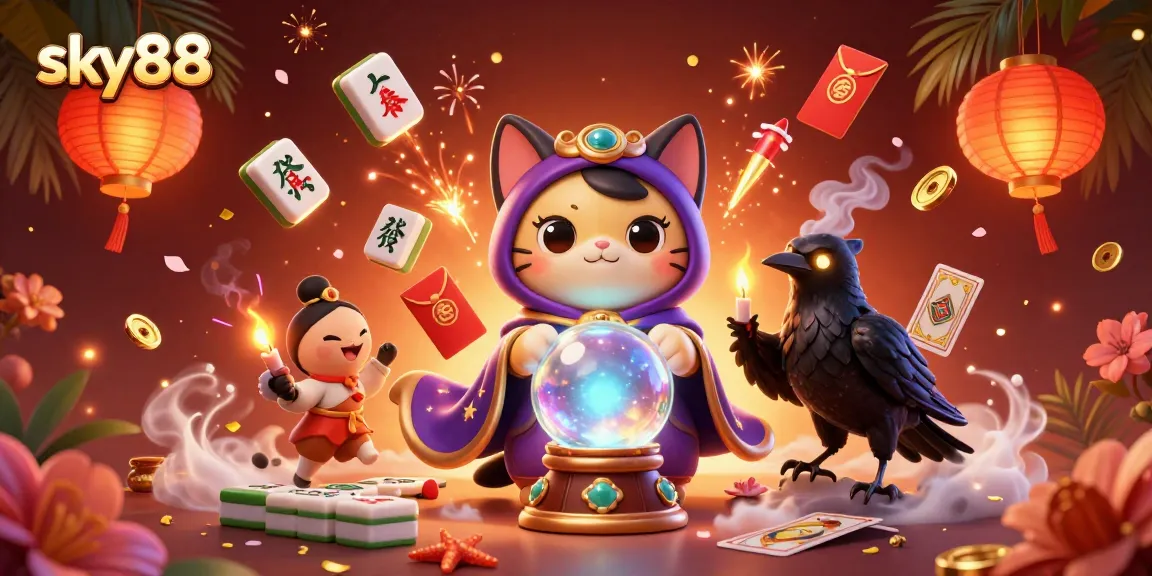 Experience the thrilling world of sky88 with an enchanting 3D illustration of mystical characters and casino elements.