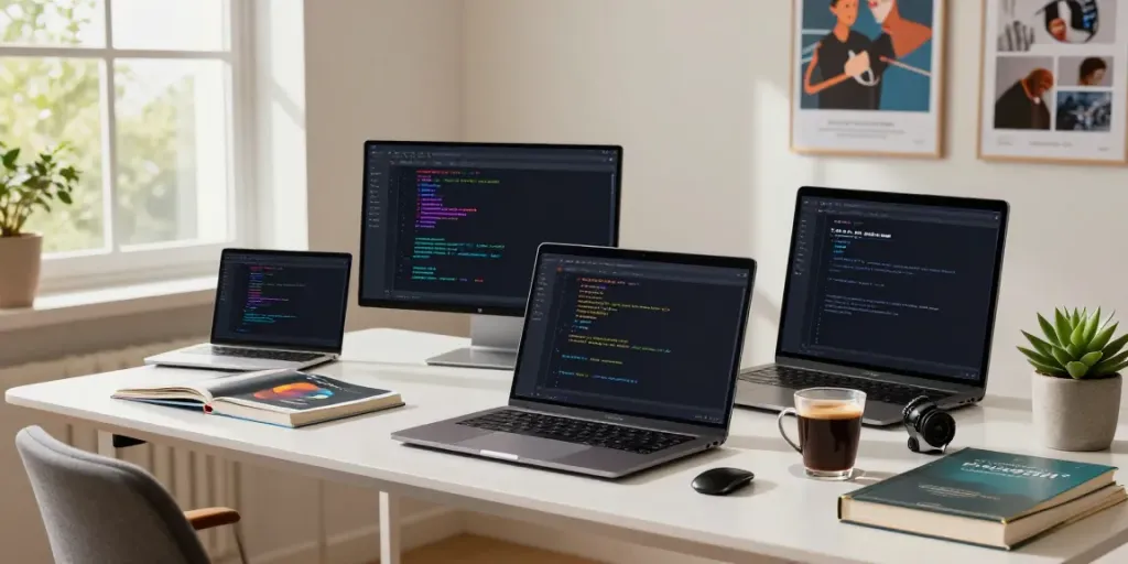 Developer at a modern desk coding open-source Android apps from h5.2113.net