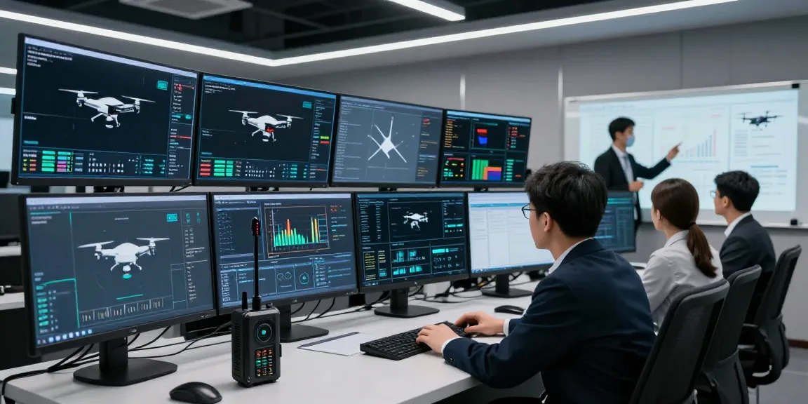 Anti drone jammer technology showcased in a high-tech security operations center with professionals monitoring drone activity.