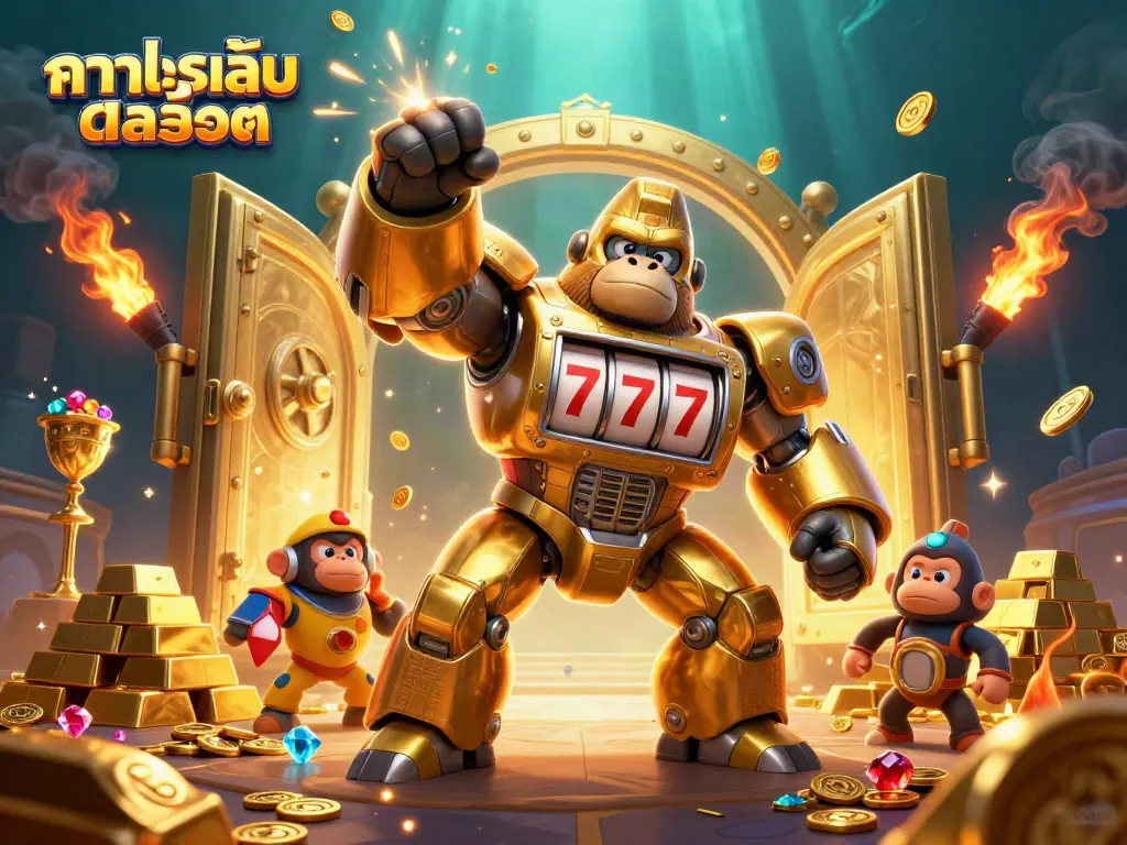 ทดลองเล่นสล็อต กับหุ่นยนต์กอริลล่าสีทองที่มีวงล้อสล็อตในอก ขนเงินและอัญมณี